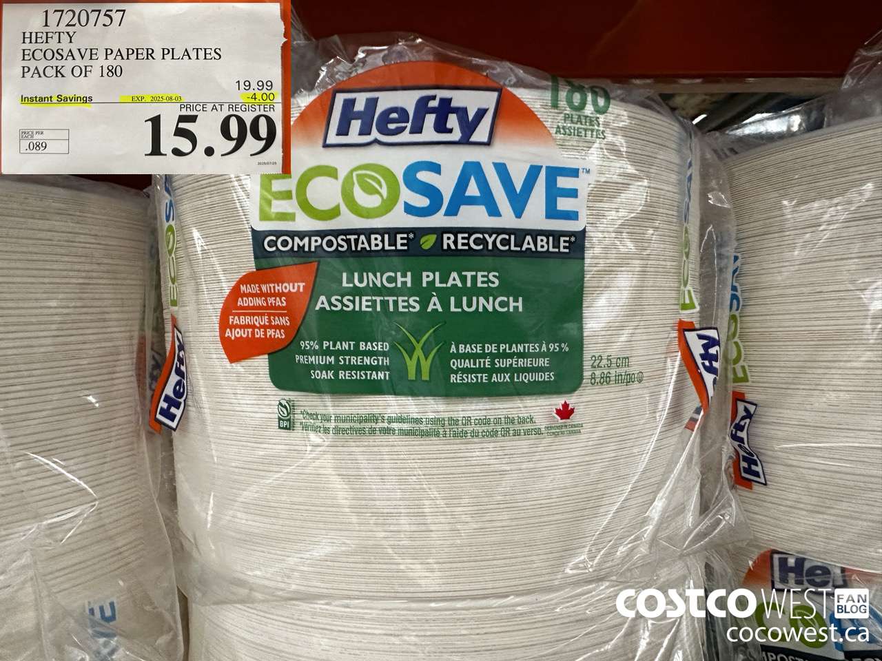 1720757 HEFTY ECOSAVE PAPER PLATES PACK OF 180 ($4.00 INSTANT SAVINGS EXPIRES ON 2025-08-03) $15.99