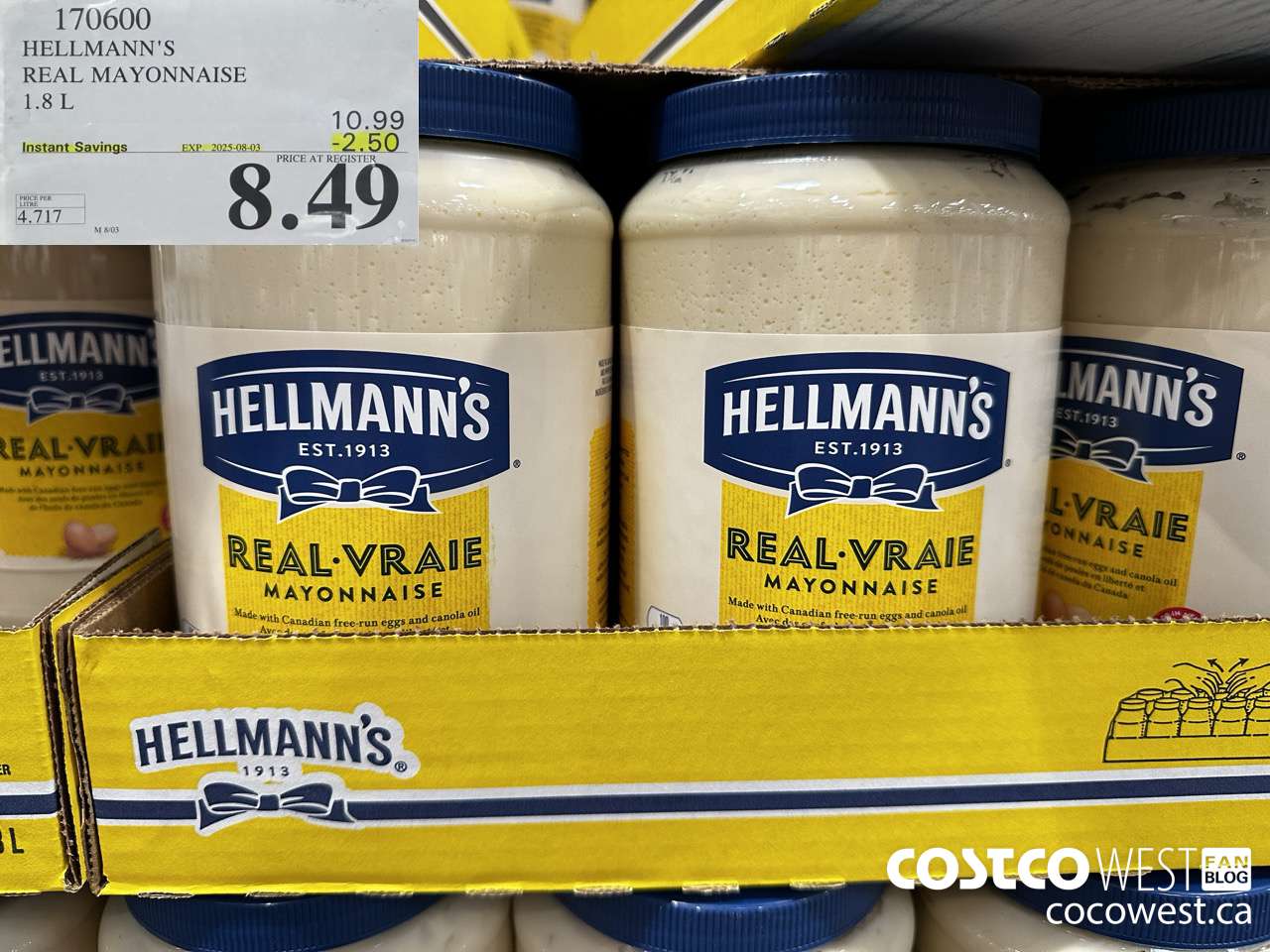 170600 HELLMANN'S REGULAR MAYONNAISE 1.8 L ($2.50 INSTANT SAVINGS EXPIRES ON 2025-08-03) $8.49