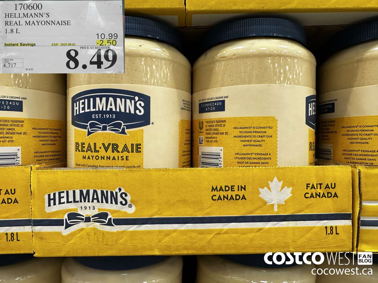170600 HELLMANN'S REGULAR MAYONNAISE 1.8 L ($2.50 INSTANT SAVINGS EXPIRES ON 2025-08-03) $8.49