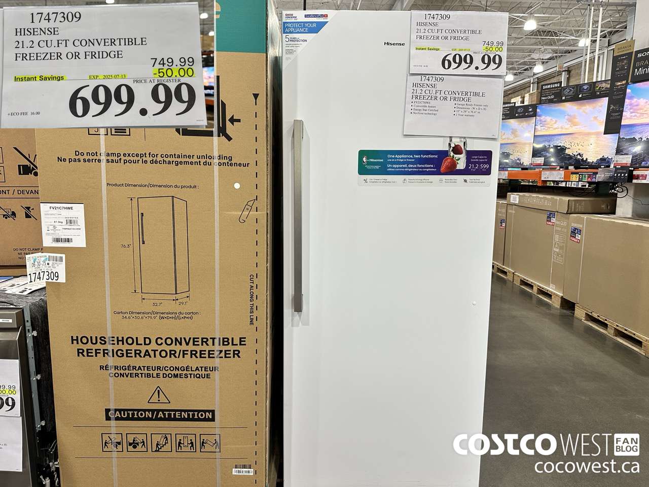 1747309 HISENSE 21.2 CU.FT CONVERTIBLE FREEZER OR FRIDGE ($50.00 INSTANT SAVINGS EXPIRES ON 2025-07-13) $699.99
