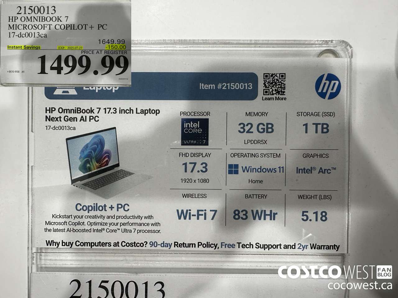 2150013 HP OMNIBOOK 7 MICROSOFT COPILOT+ PC 17-DC0013CA ($150.00 INSTANT SAVINGS EXPIRES ON 2025-07-27) $1499.99