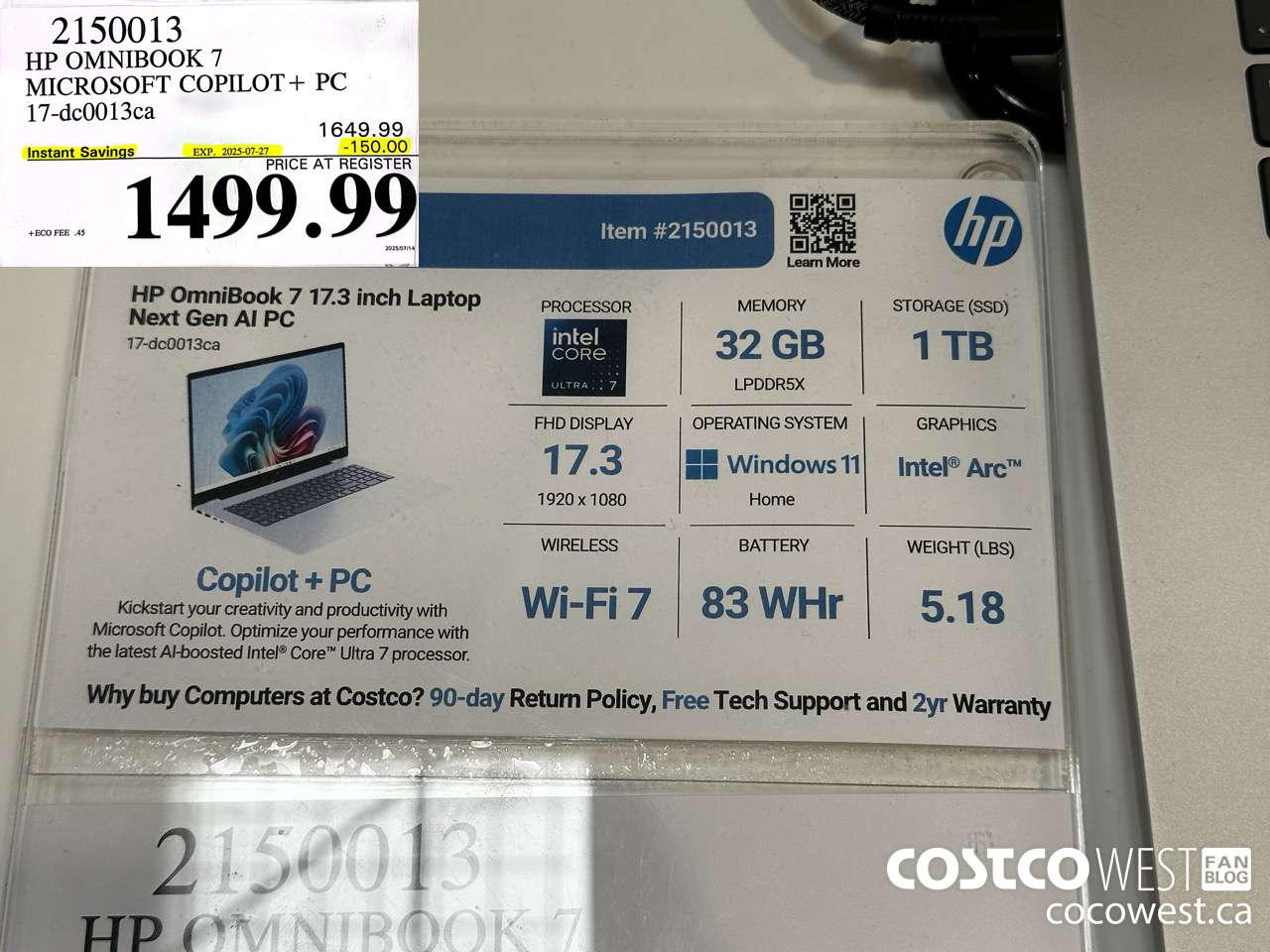 2150013 HP OMNIBOOK 7 MICROSOFT COPILOT+ PC 17-DC0013CA ($150.00 INSTANT SAVINGS EXPIRES ON 2025-07-27) $1499.99