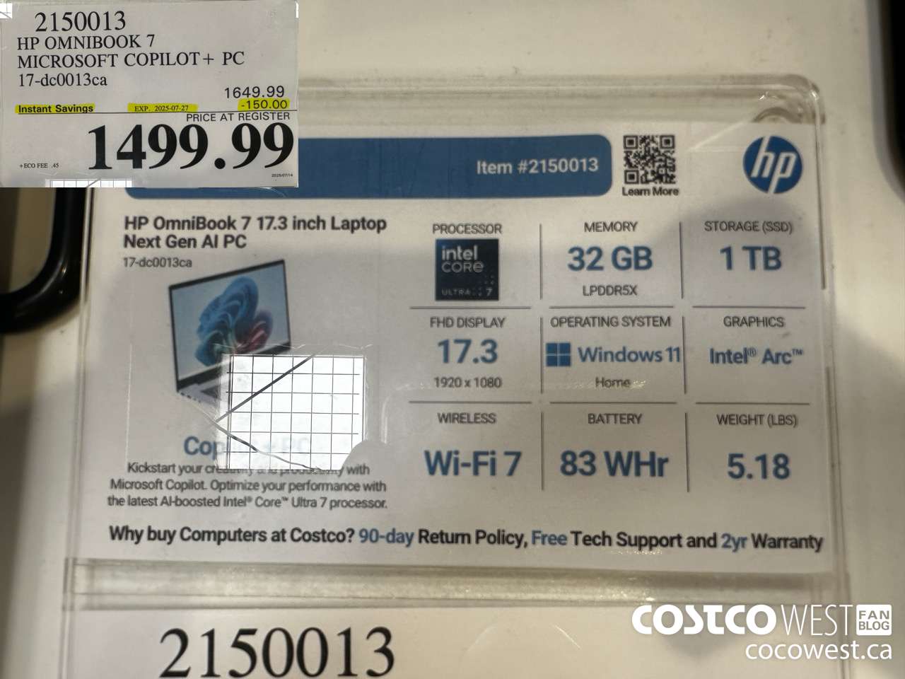 2150013 HP OMNIBOOK 7 MICROSOFT COPILOT+ PC 17-DC0013CA ($150.00 INSTANT SAVINGS EXPIRES ON 2025-07-27) $1499.99