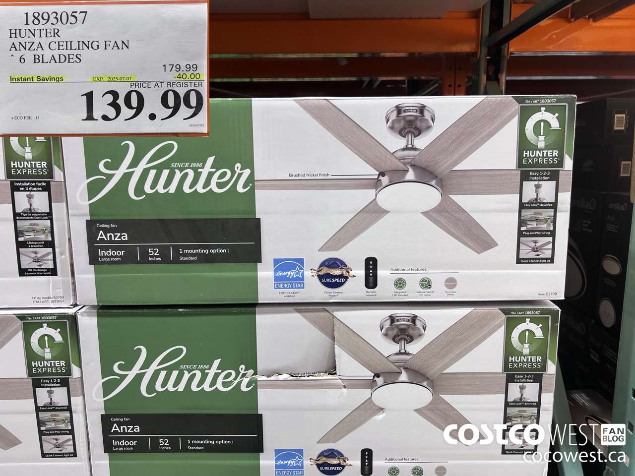 1893057 HUNTER ANZA CEILING FAN 6 BLADES ($40.00 INSTANT SAVINGS EXPIRES ON 2025-07-07) $139.99