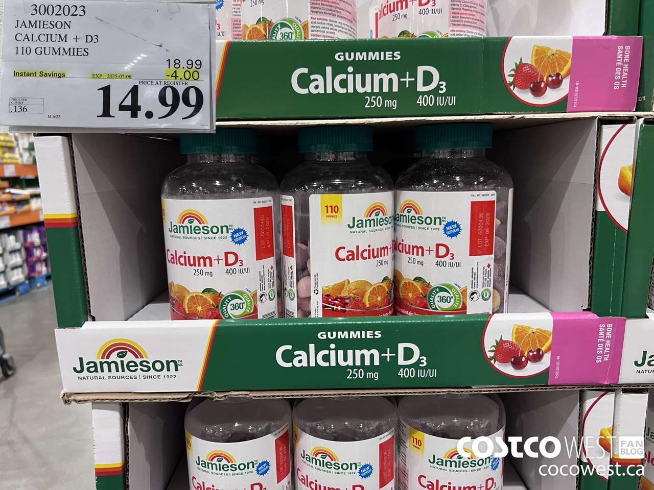 3002023 JAMIESON CALCIUM 250MG + D3 400IU 110 GUMMIES ($4.00 INSTANT SAVINGS EXPIRES ON 2025-07-06) $14.99