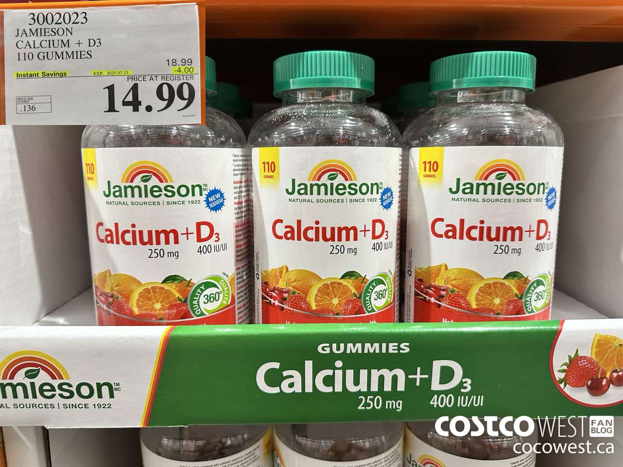 3002023 JAMIESON CALCIUM 250MG + D3 400IU 110 GUMMIES ($4.00 INSTANT SAVINGS EXPIRES ON 2025-07-13) $14.99