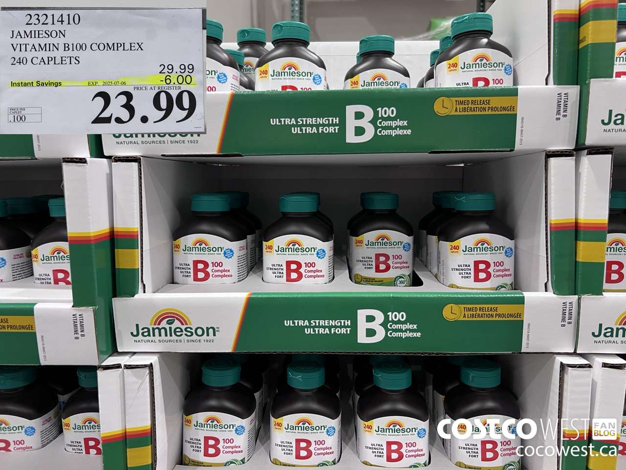 2321410 JAMIESON VITAMIN B100 COMPLEX 240 CAPLETS ($6.00 INSTANT SAVINGS EXPIRES ON 2025-07-06) $23.99