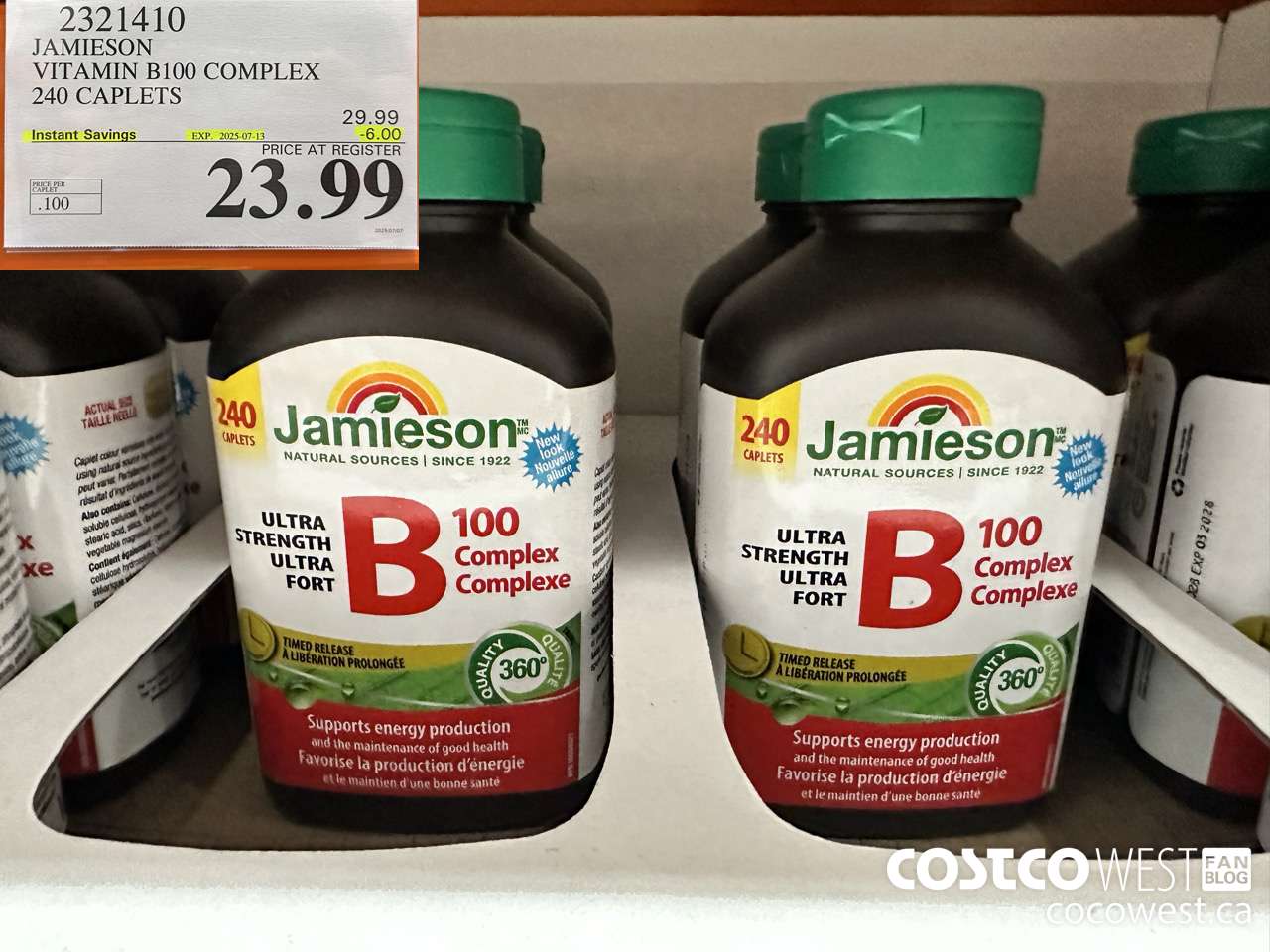 2321410 JAMIESON VITAMIN B100 COMPLEX 240 CAPLETS ($6.00 INSTANT SAVINGS EXPIRES ON 2025-07-13) $23.99
