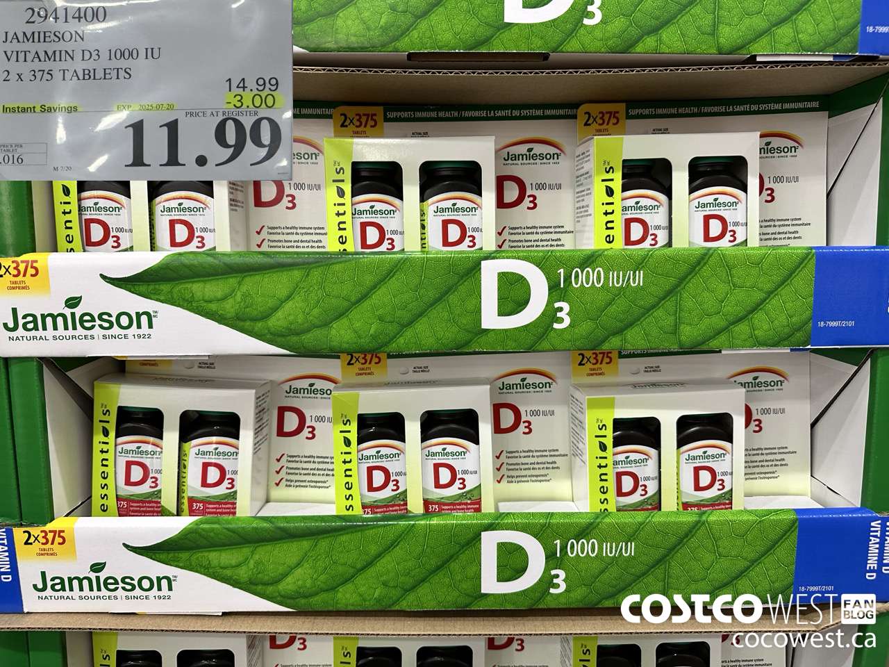2941400 JAMIESON VITAMIN D3 1000IU 2X375 TABLETS ($3.00 INSTANT SAVINGS EXPIRES ON 2025-07-20) $11.99