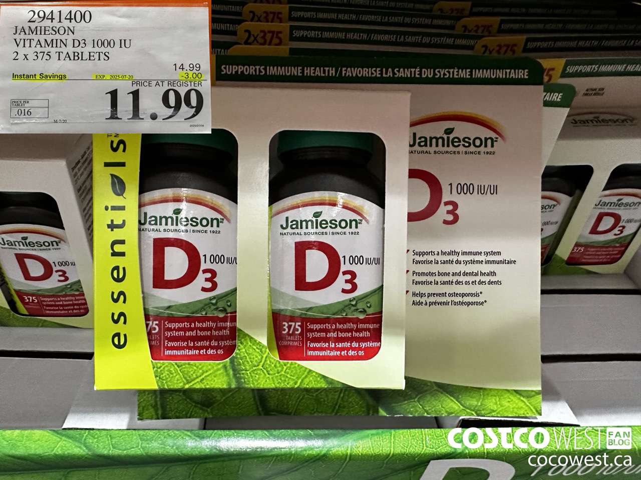 2941400 JAMIESON VITAMIN D3 1000IU 2X375 TABLETS ($3.00 INSTANT SAVINGS EXPIRES ON 2025-07-20) $11.99