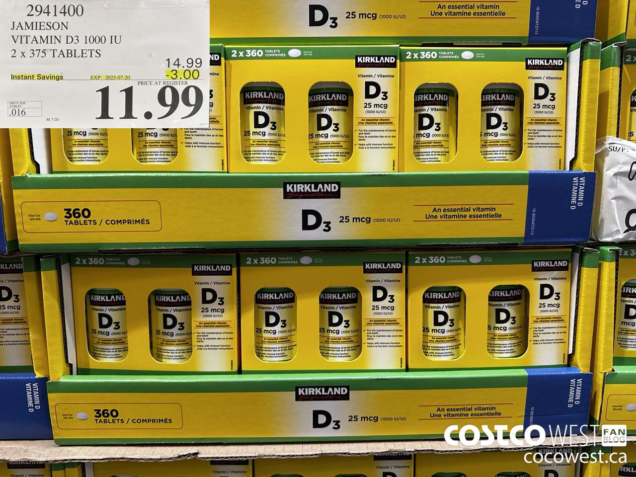 2941400 JAMIESON VITAMIN D3 1000IU 2X375 TABLETS ($3.00 INSTANT SAVINGS EXPIRES ON 2025-07-20) $11.99