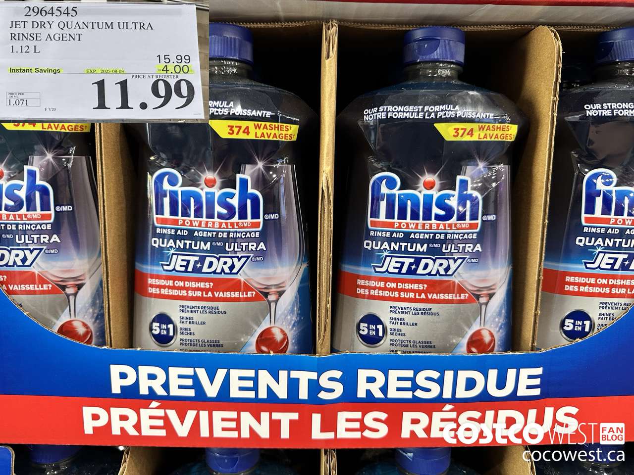 2964545 JET DRY QUANTUM ULTRA RINSE AGENT 1.12L 2025--08-03 ($4.00 INSTANT SAVINGS EXPIRES ON 2025-08-03) $11.99