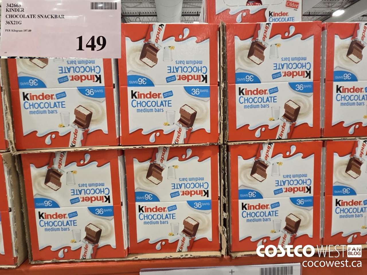 342663 KINDER CHOCOLATE SNACKBAR 36 X 21G $149.00