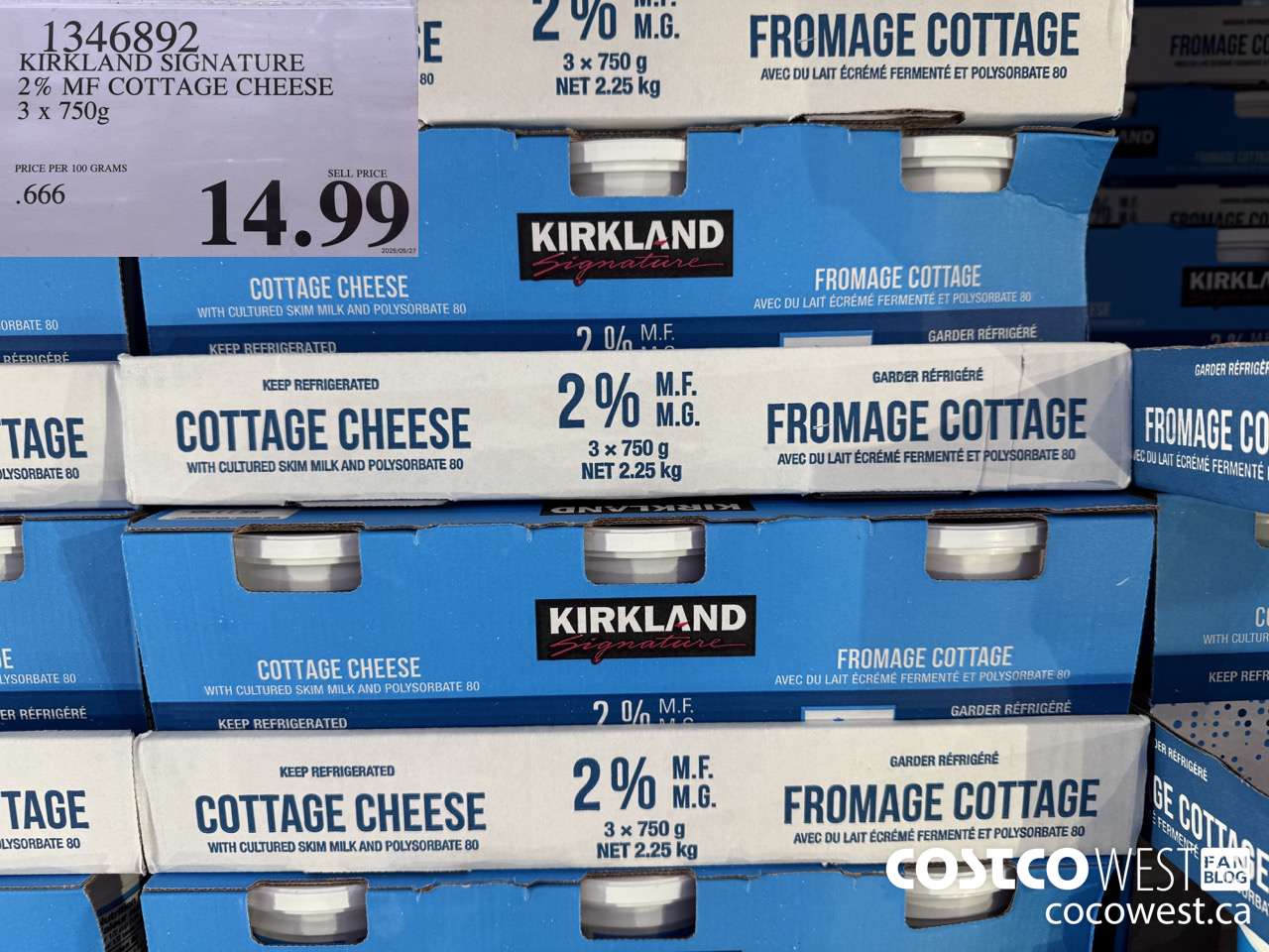 1346892 KIRKLAND SIGNATURE 2% MF COTTAGE CHEESE 3 x 750g $14.99