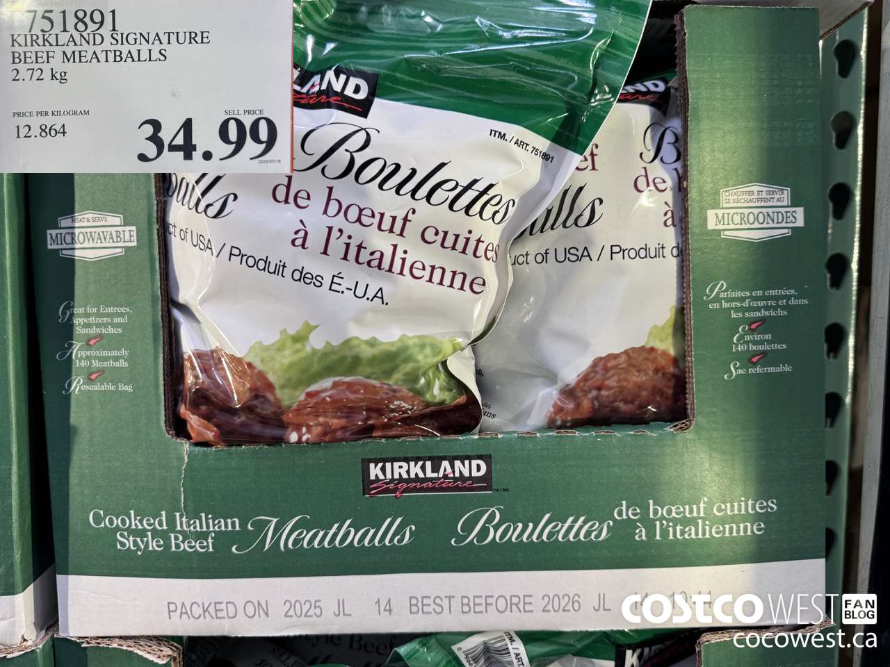 751891 KIRKLAND SIGNATURE BEEF MEATBALLS 2.72 kg $34.99