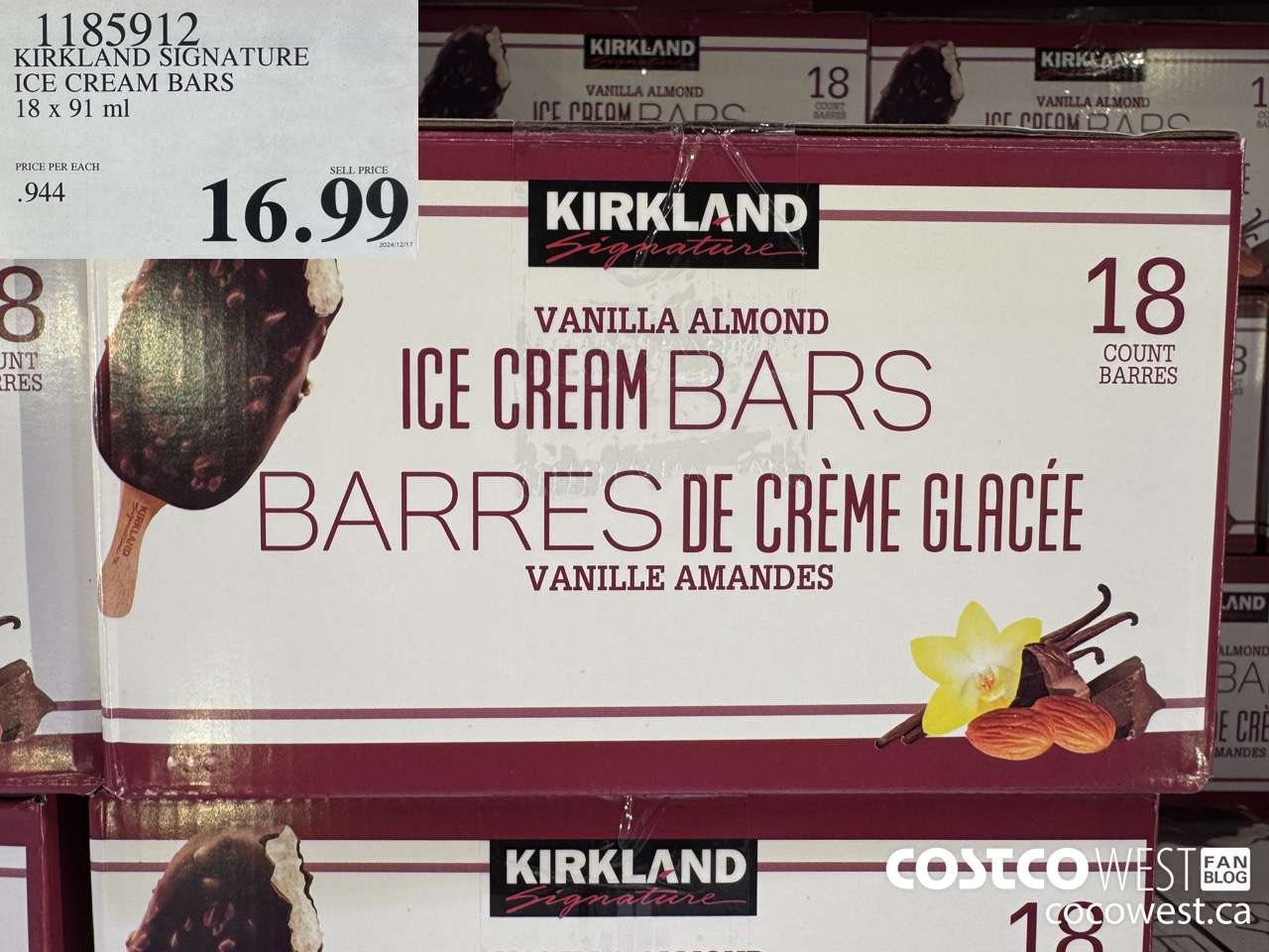 1185912 KIRKLAND SIGNATURE CHOCOLATE ALMOND DIPPED ICE CREAM BARS 18 PK X 91ML $16.99