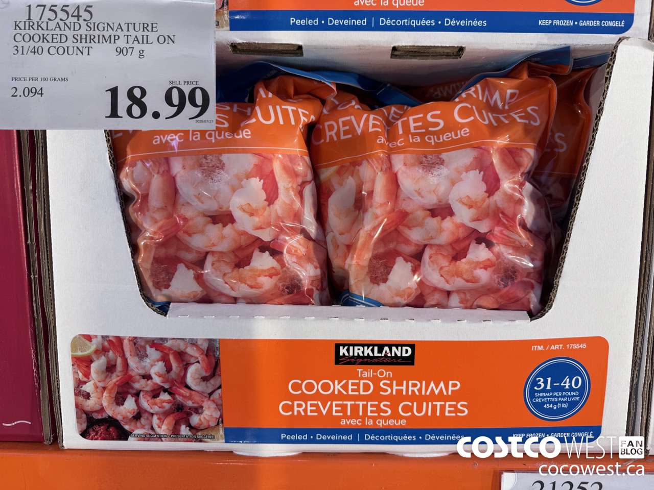 175545 KIRKLAND SIGNATURE COOKED SHRIMP TAIL ON 31/40 COUNT 907g $18.99