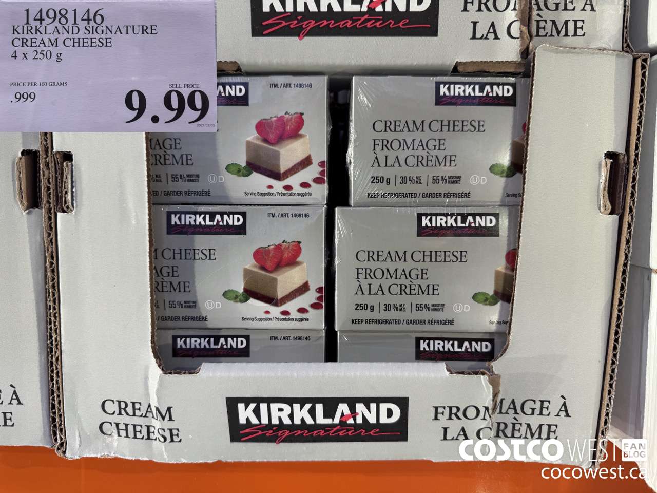 1498146 KIRKLAND SIGNATURE CREAM CHEESE 4 x 250g $9.99