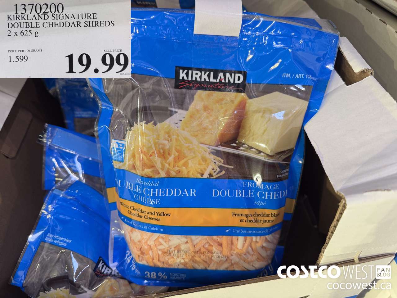 1370200 KIRKLAND SIGNATURE DOUBLE CHEDDAR SHREDS 2 x 625 g $19.99