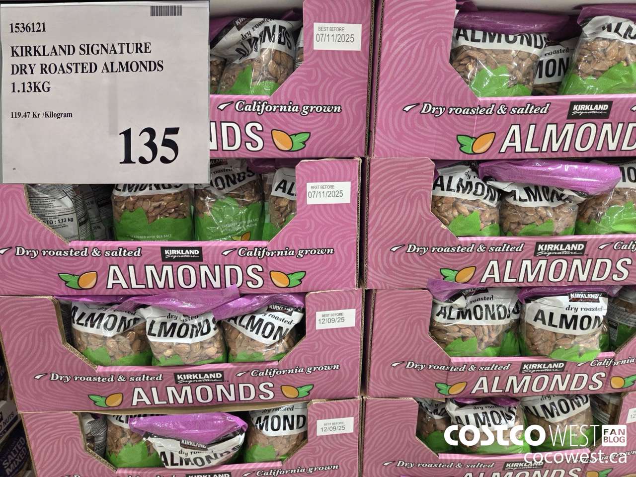 1536121 KIRKLAND SIGNATURE DRY ROASTED ALMONDS 1.13KG $135.00