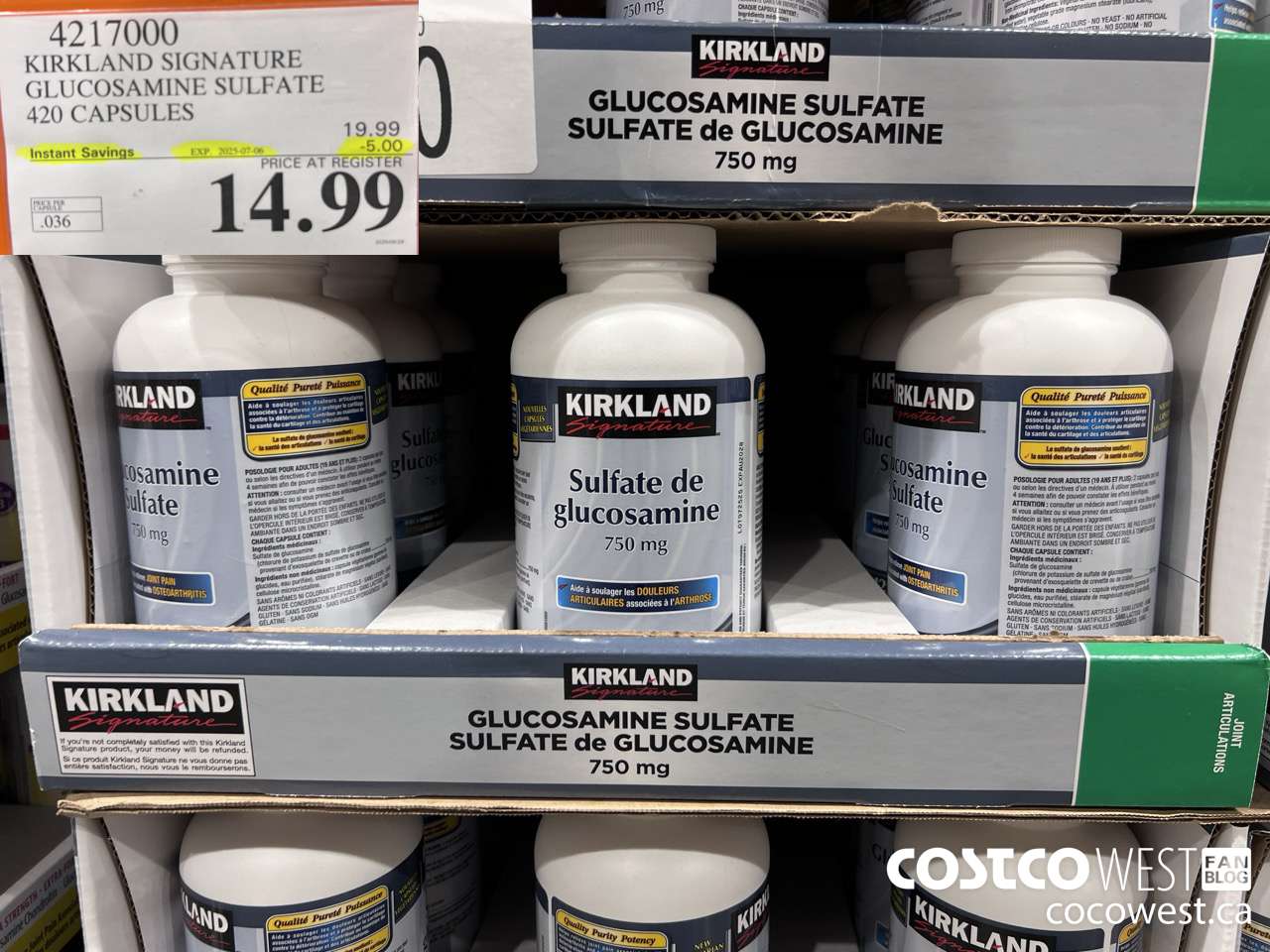 4217000 KIRKLAND SIGNATURE GLUCOSAMINE SULFATE 420 CAPSULES ($5.00 INSTANT SAVINGS EXPIRES ON 2025-07-06) $14.99