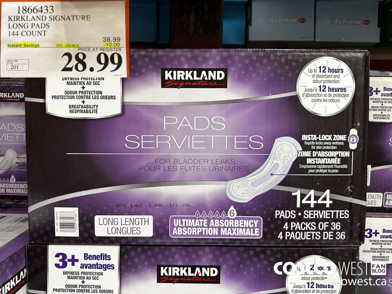 1866433 KIRKLAND SIGNATURE LONG PADS 144 COUNT ($10.00 INSTANT SAVINGS EXPIRES ON 2025-08-03) $28.99