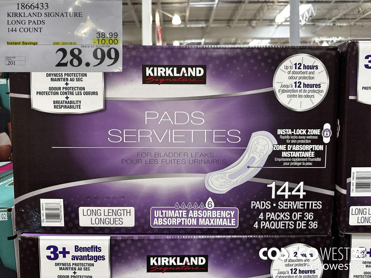 1866433 KIRKLAND SIGNATURE LONG PADS 144 COUNT ($10.00 INSTANT SAVINGS EXPIRES ON 2025-08-03) $28.99