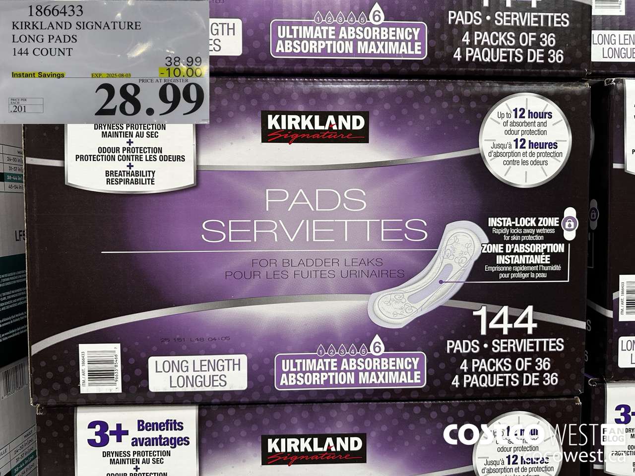 1866433 KIRKLAND SIGNATURE LONG PADS 144 COUNT ($10.00 INSTANT SAVINGS EXPIRES ON 2025-08-03) $28.99