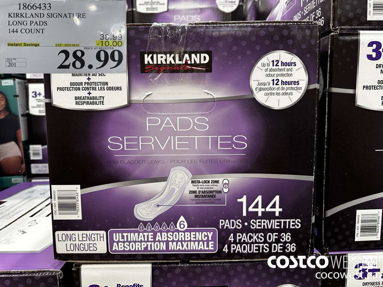 1866433 KIRKLAND SIGNATURE LONG PADS 144 COUNT ($10.00 INSTANT SAVINGS EXPIRES ON 2025-08-03) $28.99