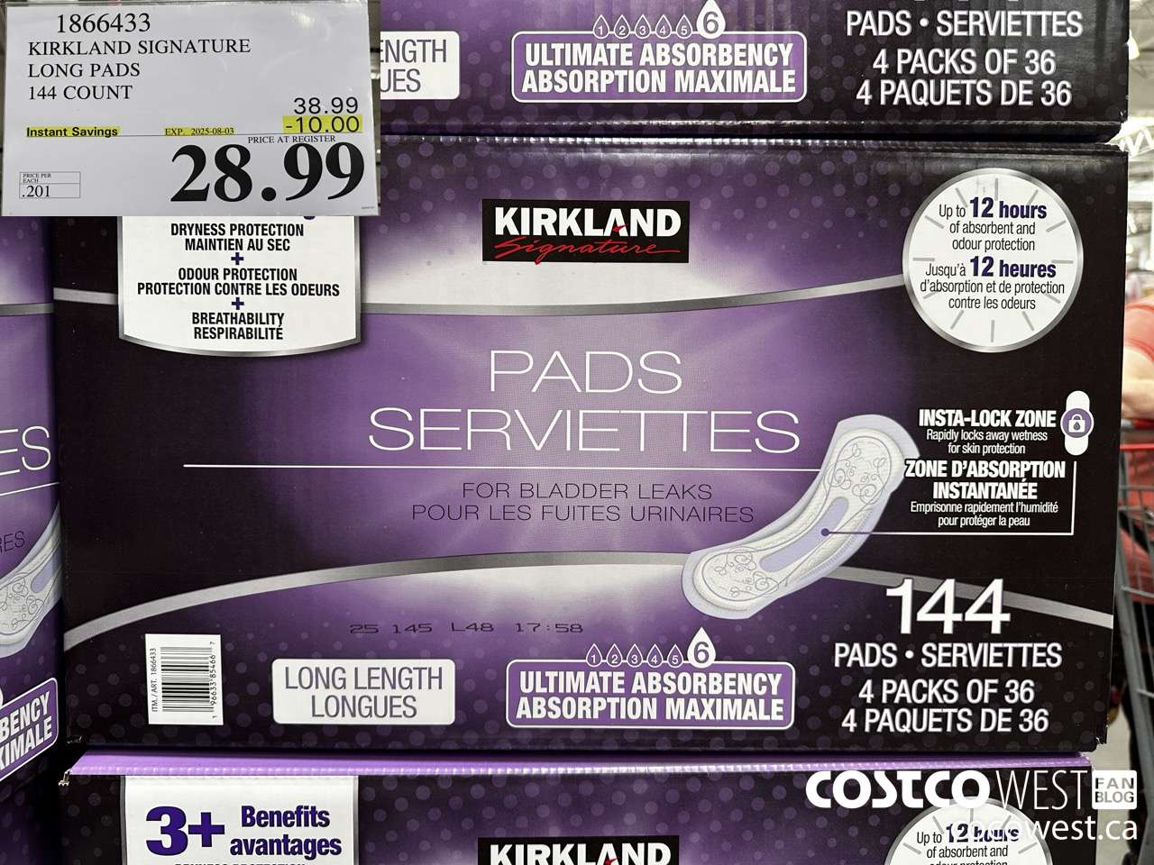 1866433 KIRKLAND SIGNATURE LONG PADS 144 COUNT ($10.00 INSTANT SAVINGS EXPIRES ON 2025-08-03) $28.99