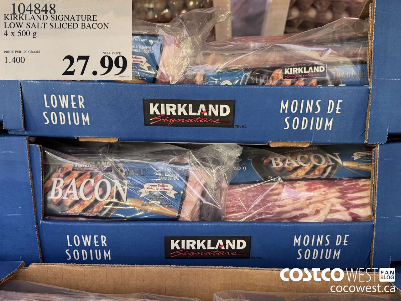 104848 KIRKLAND SIGNATURE LOW SALT SLICED BACON 4 X 500 G $27.99