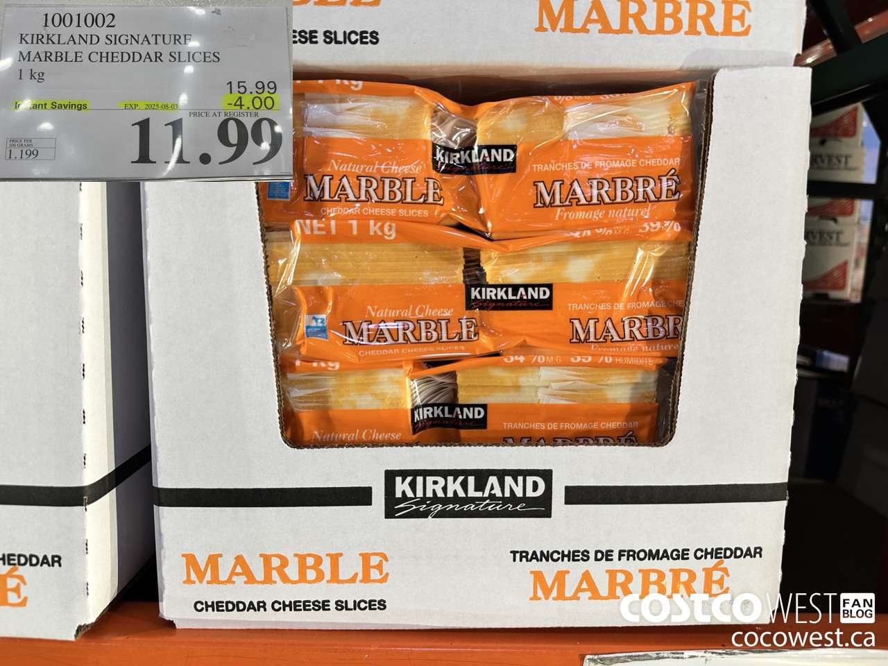 1001002 KIRKLAND SIGNATURE MARBLE CHEDDAR SLICES 1KG ($4.00 INSTANT SAVINGS EXPIRES ON 2025-08-03) $11.99