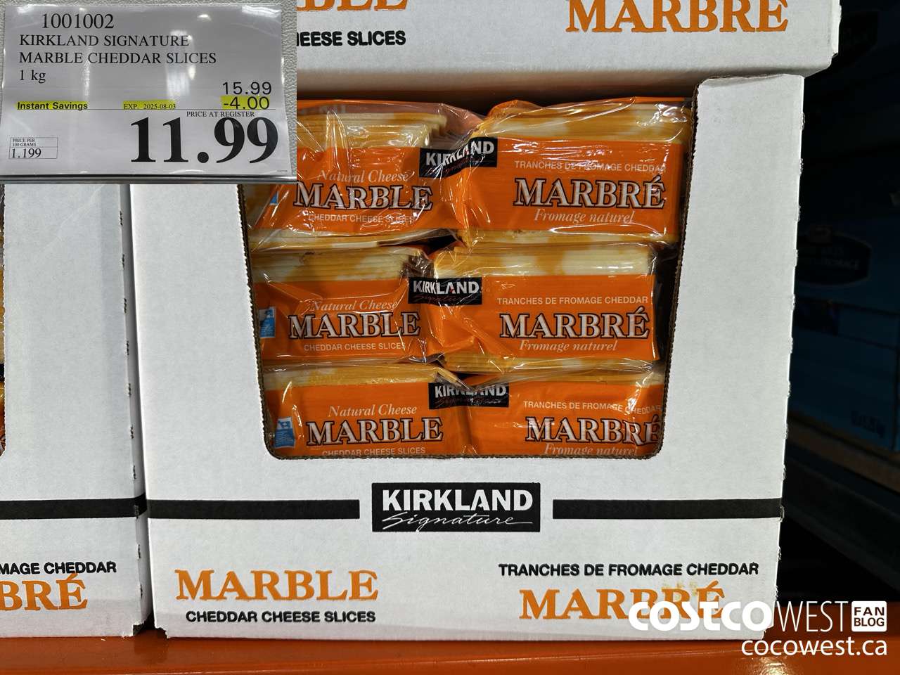 1001002 KIRKLAND SIGNATURE MARBLE CHEDDAR SLICES 1KG ($4.00 INSTANT SAVINGS EXPIRES ON 2025-08-03) $11.99