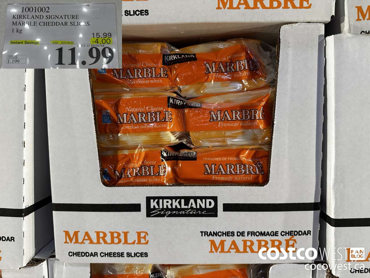 1001002 KIRKLAND SIGNATURE MARBLE CHEDDAR SLICES 1KG ($4.00 INSTANT SAVINGS EXPIRES ON 2025-08-03) $11.99