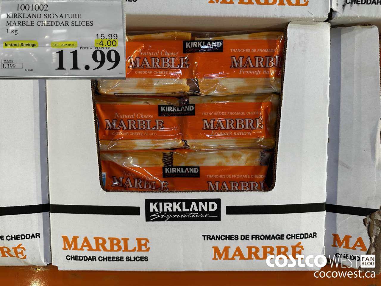 1001002 KIRKLAND SIGNATURE MARBLE CHEDDAR SLICES 1KG ($4.00 INSTANT SAVINGS EXPIRES ON 2025-08-03) $11.99