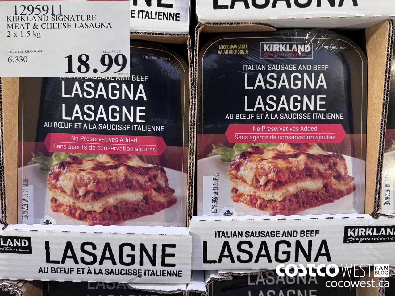 1295911 KIRKLAND SIGNATURE MEAT & CHEESE LASAGNA 2 X 1.5KG $18.99