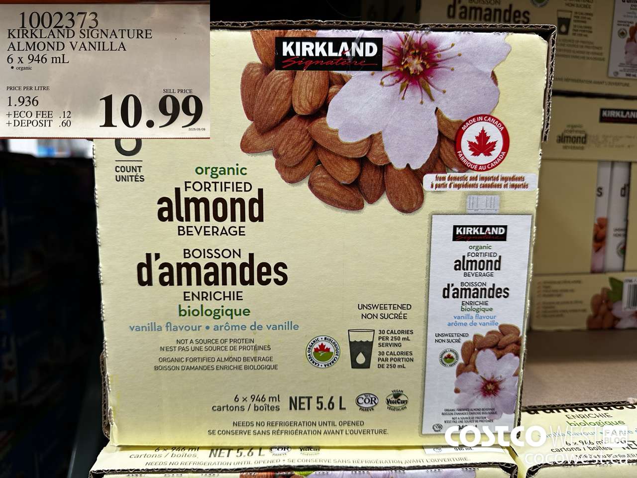 1002373 KIRKLAND SIGNATURE ORGANIC ALMOND BEVERAGE 6 x 946ml $10.99