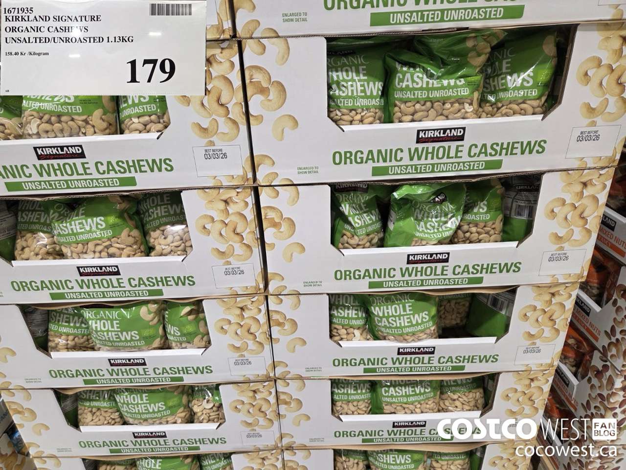 1671935 KIRKLAND SIGNATURE ORGANIC CASHEWS UNSALTED/UNROASTED 1.13KG $179.00