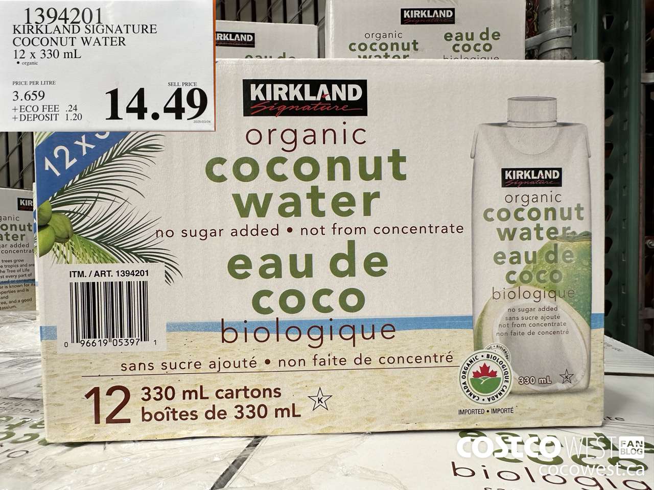 1394201 KIRKLAND SIGNATURE ORGANIC COCONUT WATER 12 X 330ML $14.49