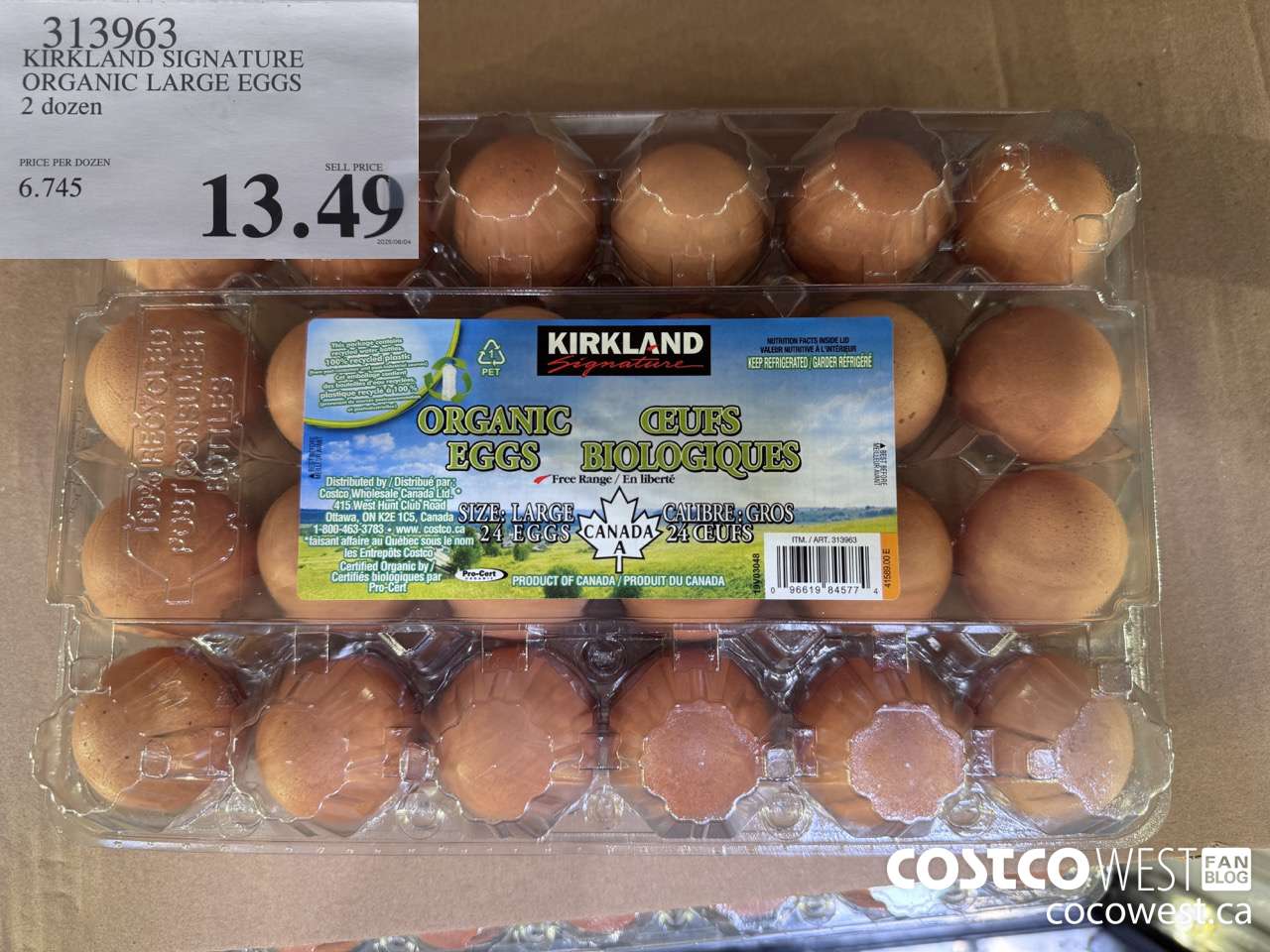 313963 KIRKLAND SIGNATURE ORGANIC LARGE EGGS 2 dozen $13.49