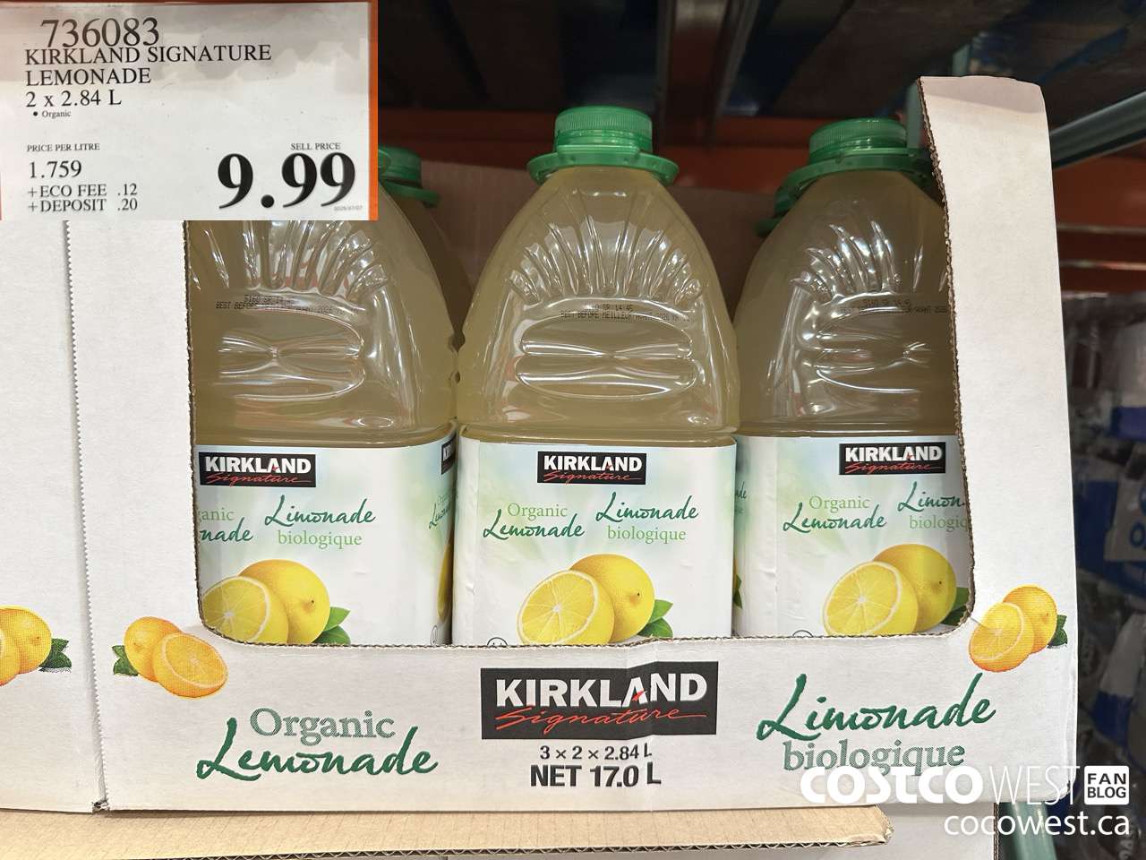 736083 KIRKLAND SIGNATURE ORGANIC LEMONADE 2 X 2.84 L $9.99