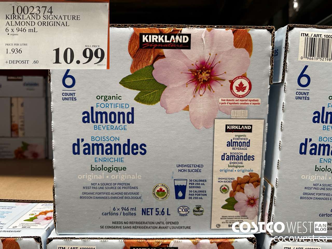 1002374 KIRKLAND SIGNATURE ORG ALMOND ORIGINAL 6 x 946 mL $10.99