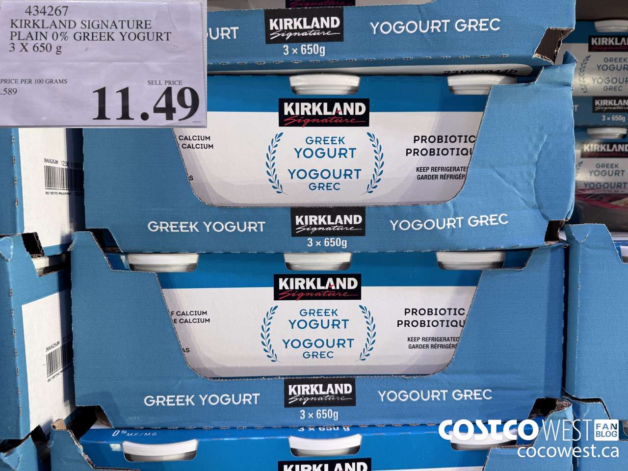 434267 KIRKLAND SIGNATURE PLAIN 0% GREEK YOGURT 3 X 650 G $11.49
