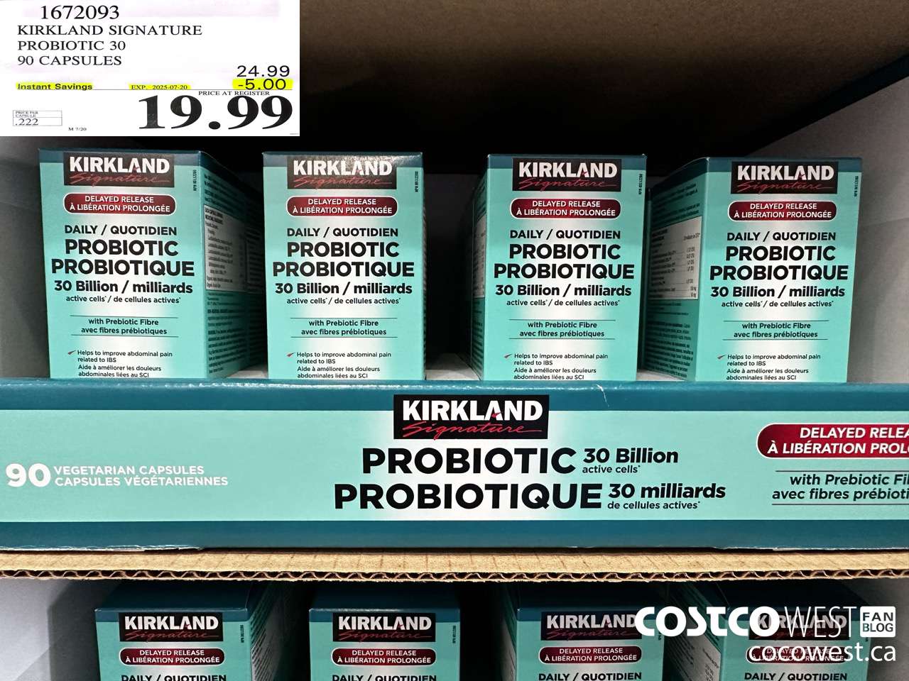 1672093 KIRKLAND SIGNATURE PROBIOTIC 30 BILLION 90 VEGETARIAN CAPSULES ($5.00 INSTANT SAVINGS EXPIRES ON 2025-07-20) $19.99