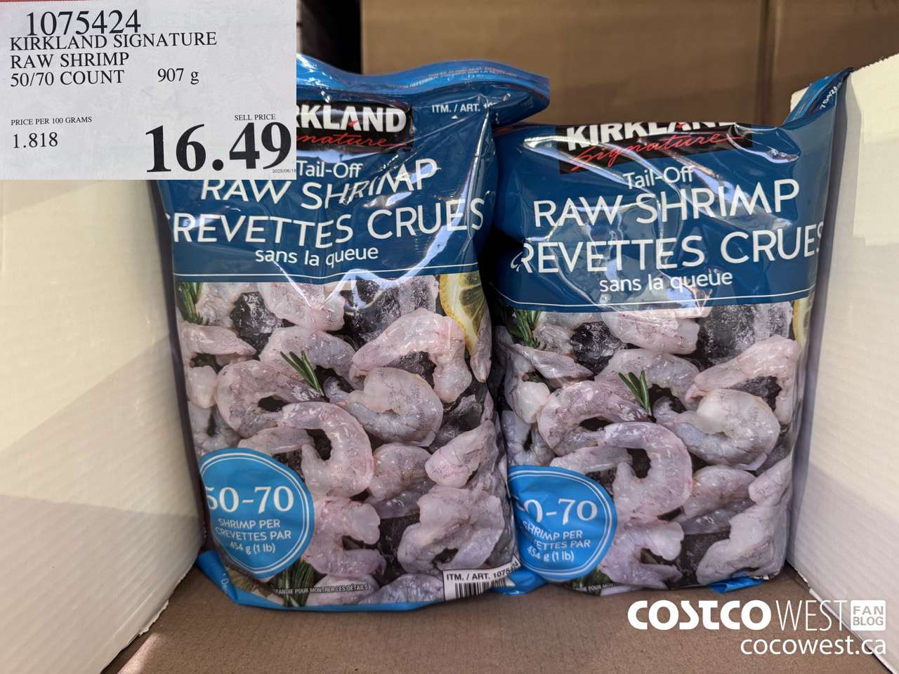 1075424 KIRKLAND SIGNATURE RAW SHRIMP 50/70 COUNT 907G $16.49