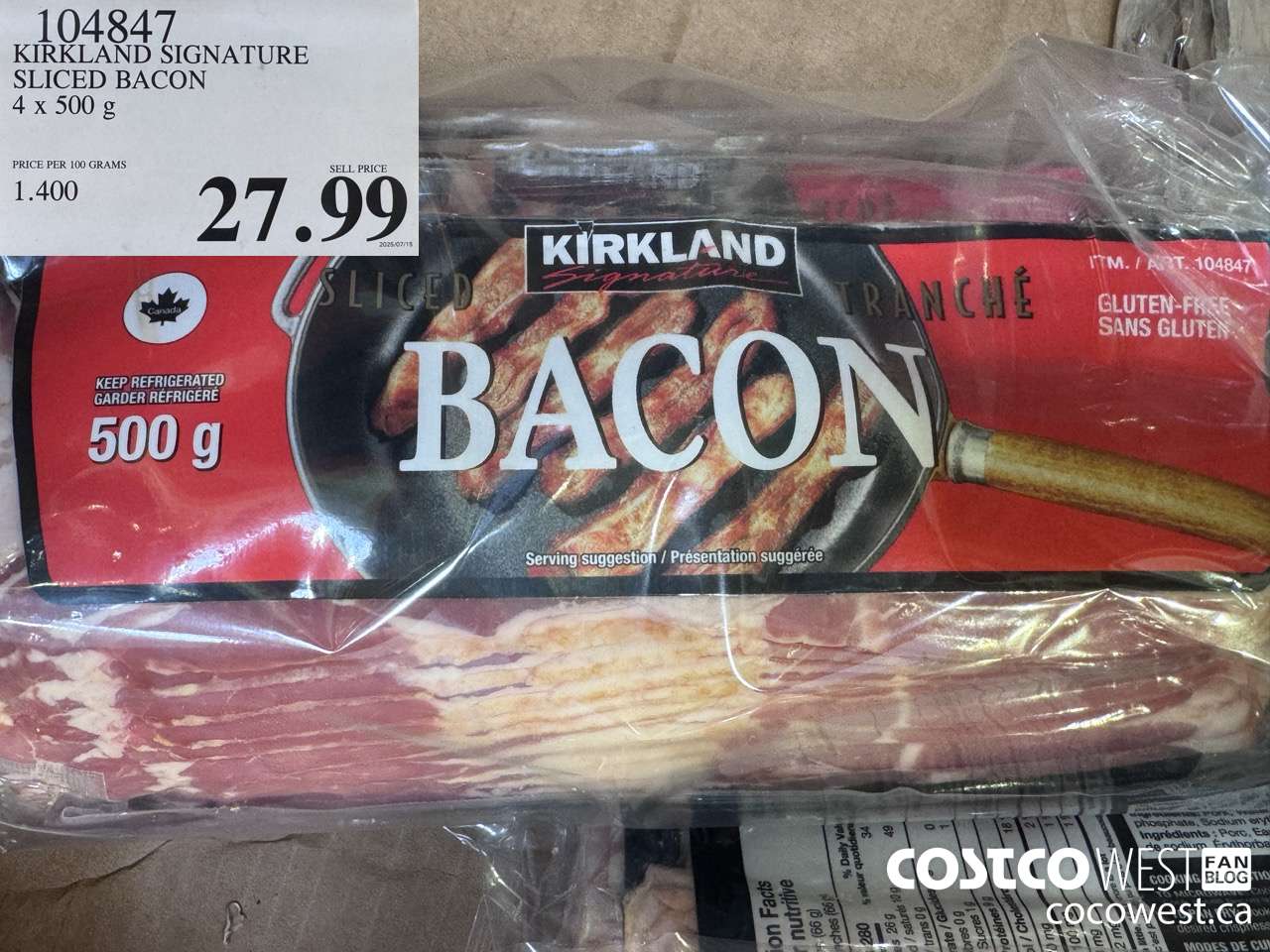 104847 KIRKLAND SIGNATURE SLICED BACON 4 x 500 g $27.99