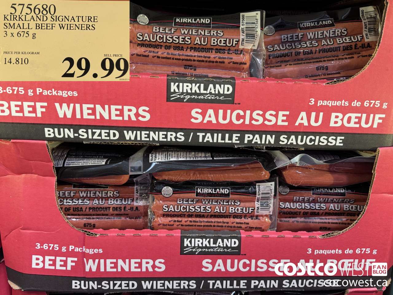 575680 KIRKLAND SIGNATURE SMALL BEEF WIENERS 3 X 675 G $29.99