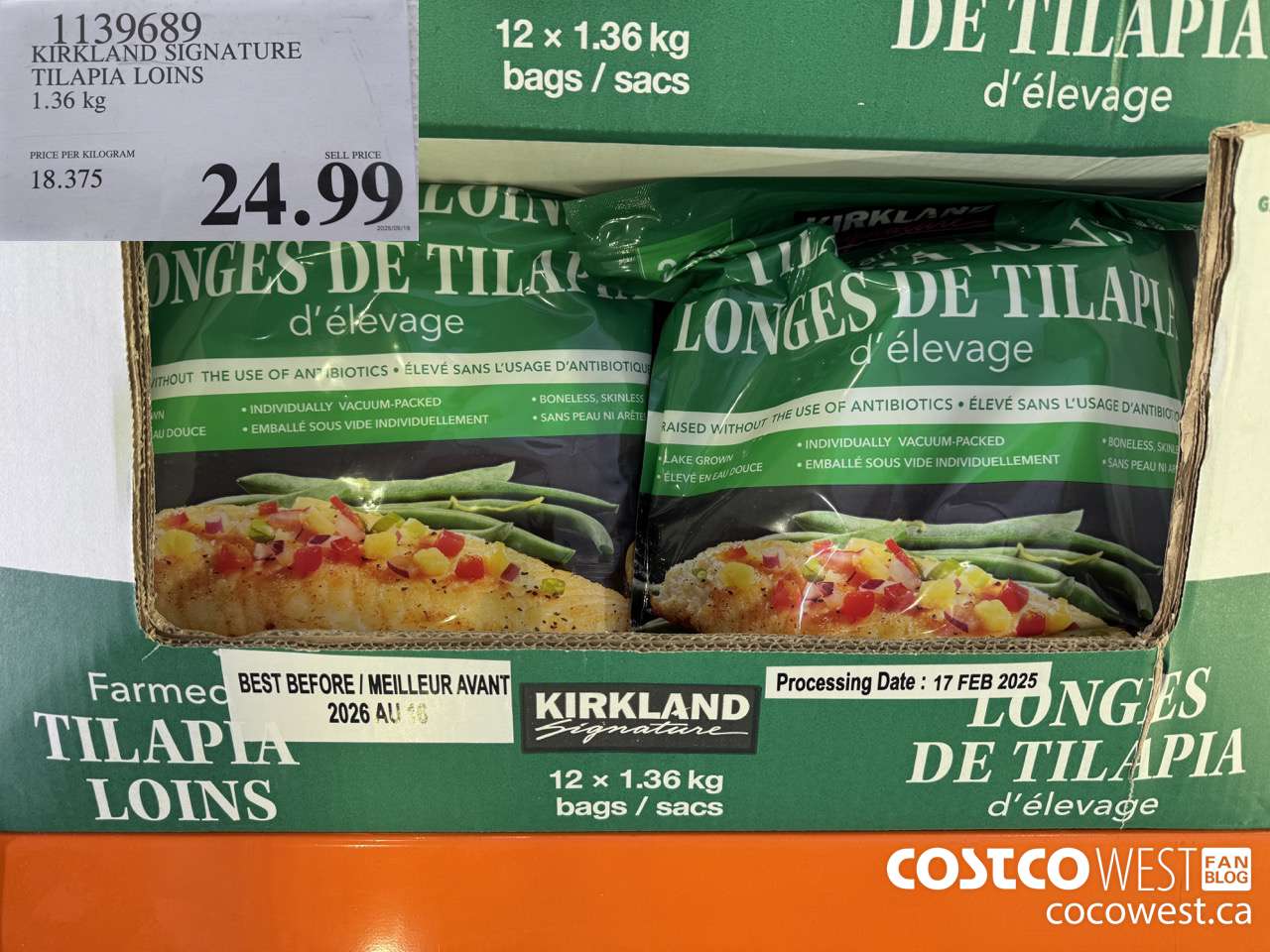 1139689 KIRKLAND SIGNATURE TILAPIA LOINS 1.36 kg $24.99