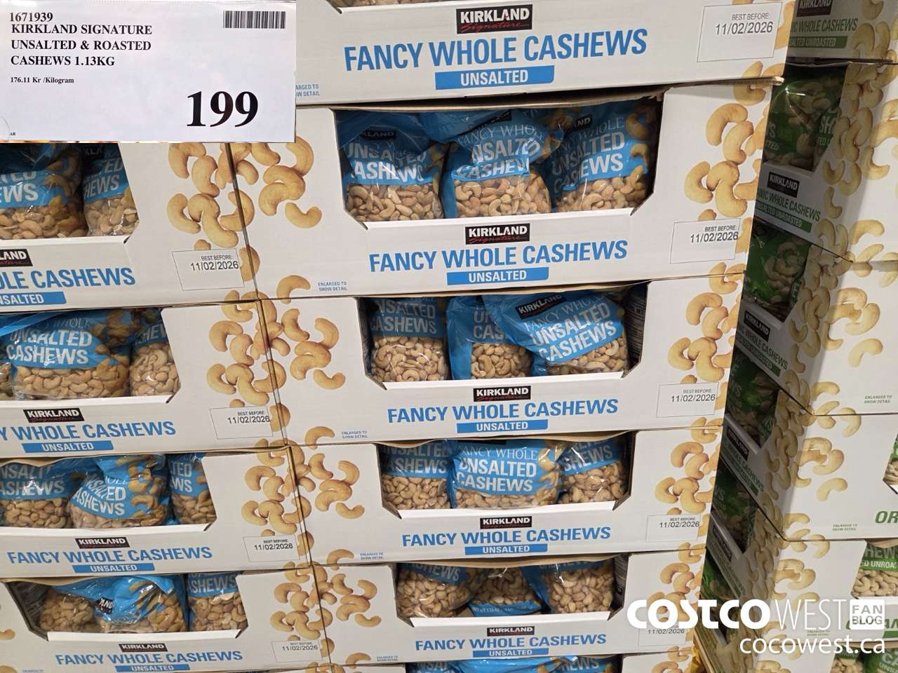 1671939 KIRKLAND SIGNATURE UNSALTED & ROASTED CASHEWS 1.13KG $199.00