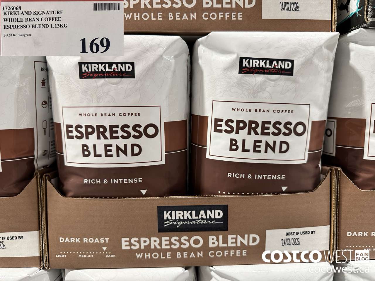 1726068 KIRKLAND SIGNATURE WHOLE BEAN COFFEE ESPRESSO BLEND 1.13KG $169.00